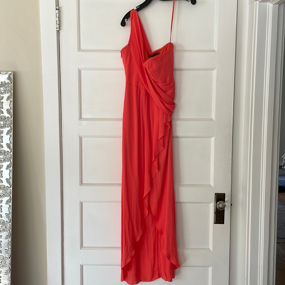 BCBGMAXAZRIA coral chiffon slit one shoulder dress sz.10